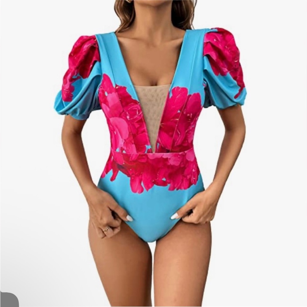One Piece Swimsuit Bubble Sleeves Bathing Suit Tropical Monokini
